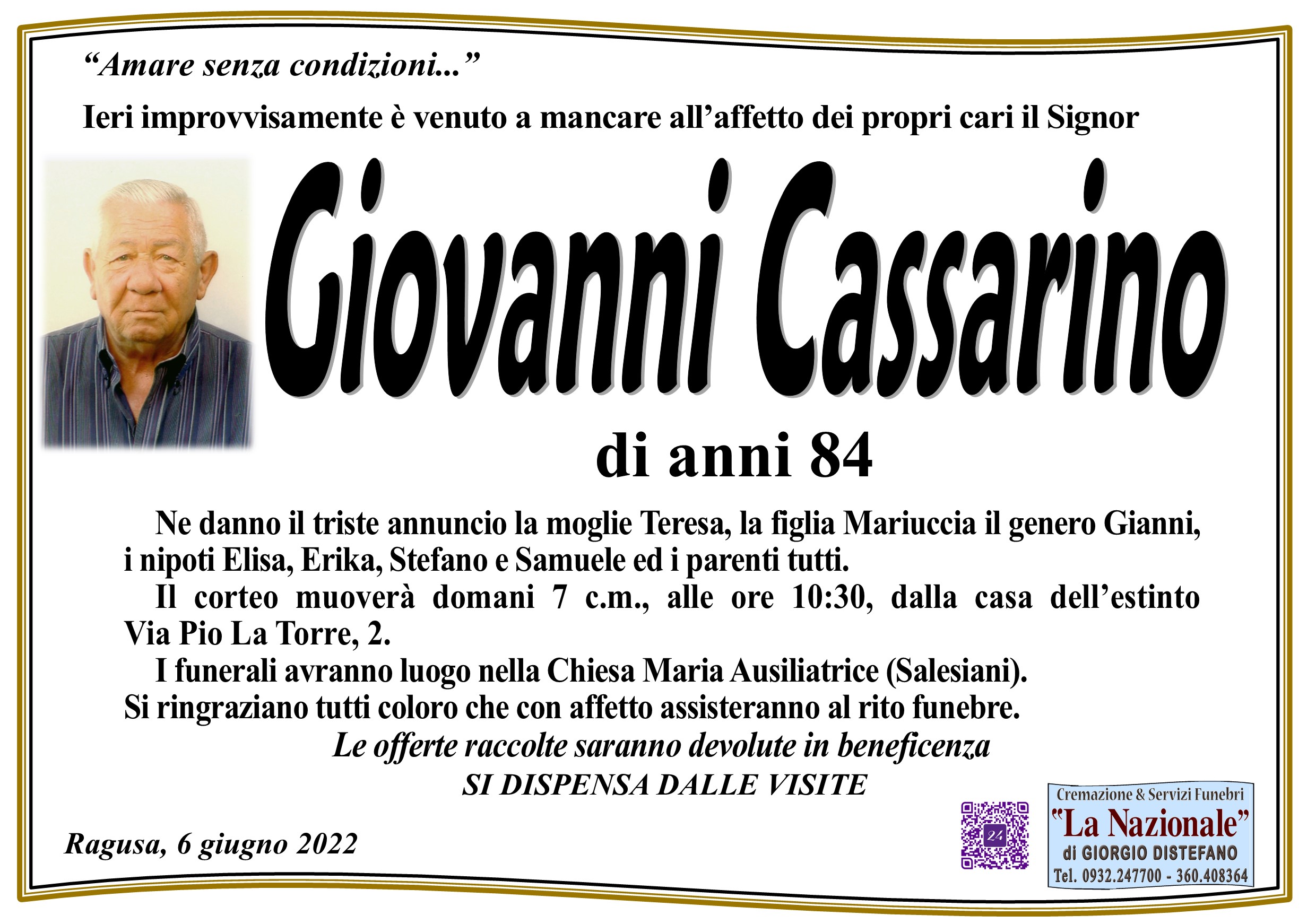 Necrologi: Giovanni Cassarino - Ragusa Oggi